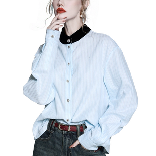 气质真丝绒立领蓝色竖条纹工作长袖衬衫漂亮高端小衫设计感上衣春
