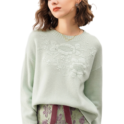 重磅刺绣宽松显瘦浅绿色羊绒衫