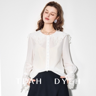 娃娃领蕾丝刺绣真丝长袖 好乖 法式 100%桑蚕丝 上衣春 花瓣衬衫