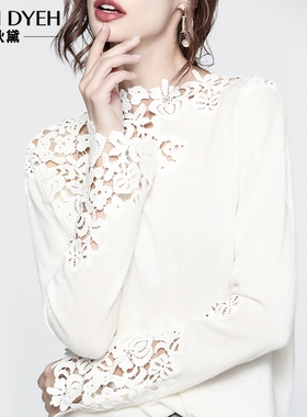 狄黛100%纯羊绒衫女高级感白色蕾丝镂空绣花半高领针织毛衣打底衫