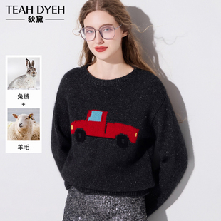 减龄复古学院派 羊毛+兔绒 软糯减龄红色卡车提花毛衣打底针织衫