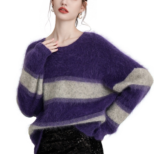 马海毛重磅拉绒！高贵气质紫色条纹宽松一字领落肩毛衣针织罩衫