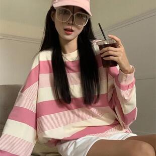 大码条纹长袖卫衣女款2024新款爆款早秋T恤胖mm宽松显瘦上衣女