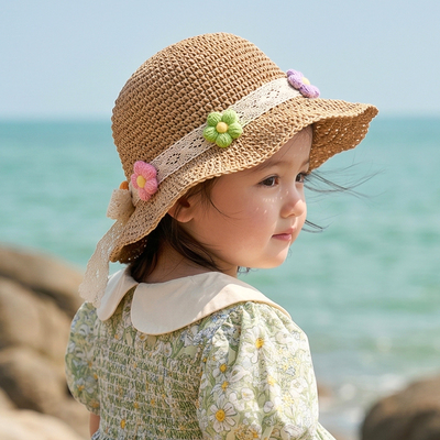 女童草帽儿童防晒帽夏季宝宝帽子婴儿遮阳帽蕾丝编织帽女孩太阳帽 — 4