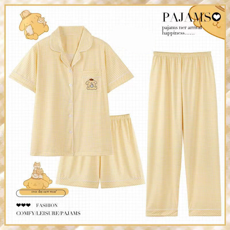 Qadın üç hissəli pijama dəsti, dama naxışlı pambıq, yay üçün