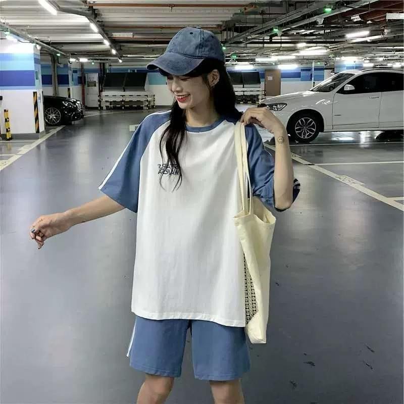 休闲运动套装女夏季新款韩版学院风体育考试短袖短裤跑步服两件套