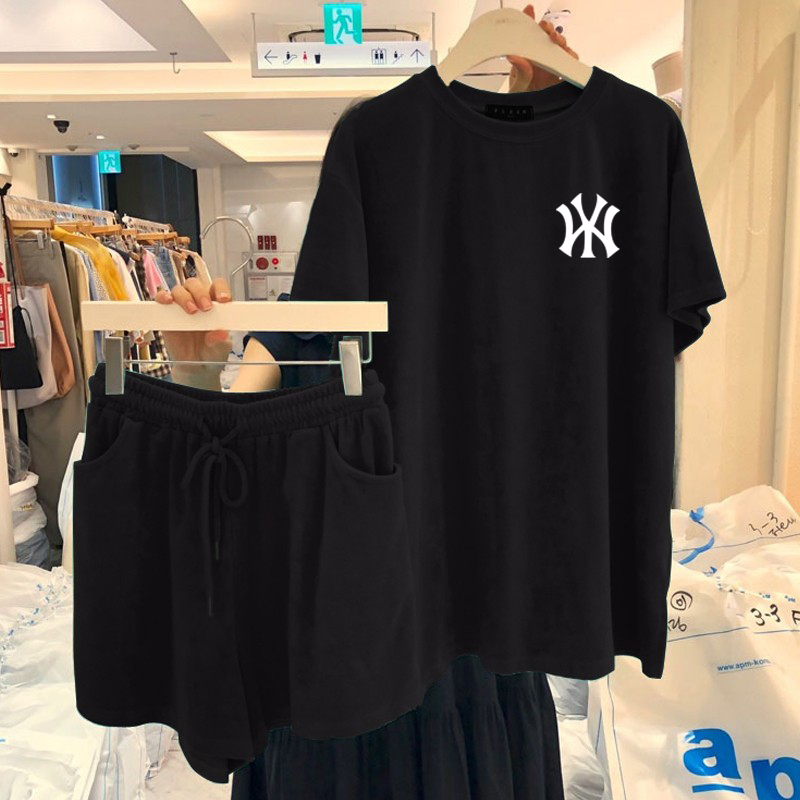 韩国潮牌休闲运动套装女短袖短裤2024夏季新款宽松显瘦大码两件套