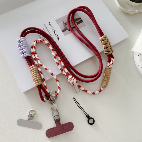 六筒猫酒红色手机链斜挎挂件长款