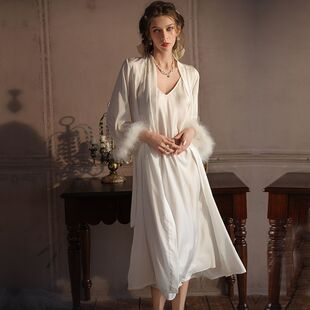 真丝睡衣白色羽毛伴娘晨袍套装女夏时尚性感长吊带睡裙家居服