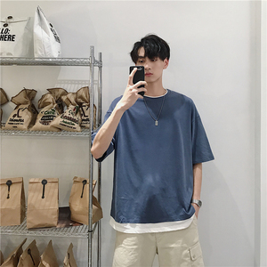 2021新款夏季男士短袖t恤韩版潮流宽松假两件T恤纯棉半袖衣服图片