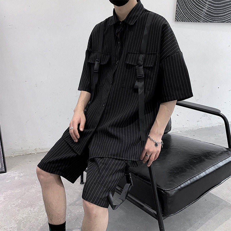 港风条纹工装衬衫ins潮牌男士痞帅休闲直筒短裤潮男搭配套装,男装休闲套装,星座601-1