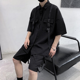 港风条纹工装衬衫ins潮牌男士痞帅休闲直筒短裤潮男搭配套装，男装休闲套装，星座601-1
