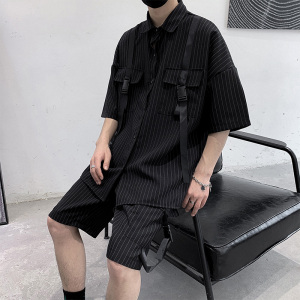 港风条纹工装衬衫ins潮牌男士痞帅休闲直筒短裤潮男搭配套装图片