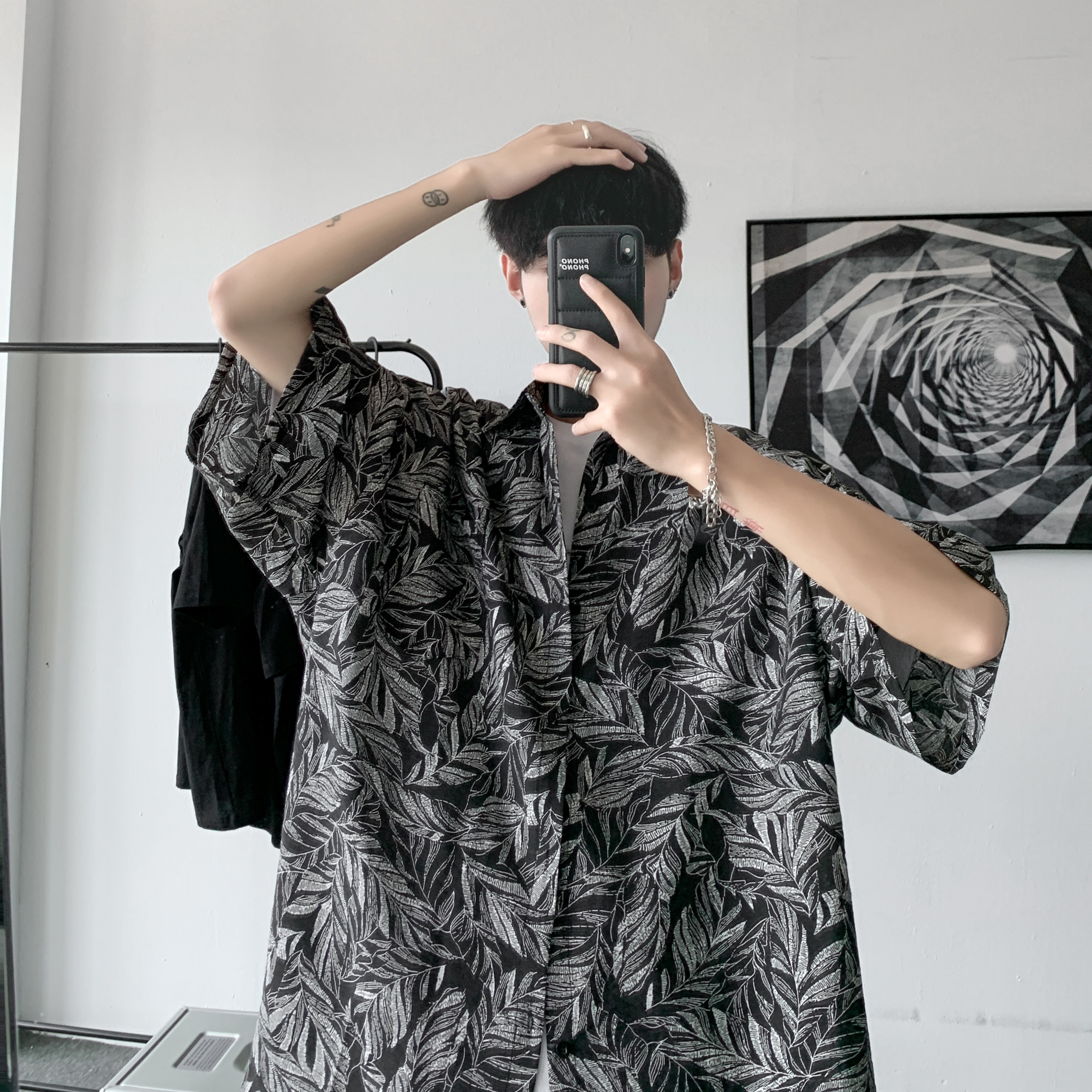 树枝印花衬衫男生短袖港风五分袖衬衣韩版上衣痞帅寸衫CS240-p28,男装衬衫,星座601-1