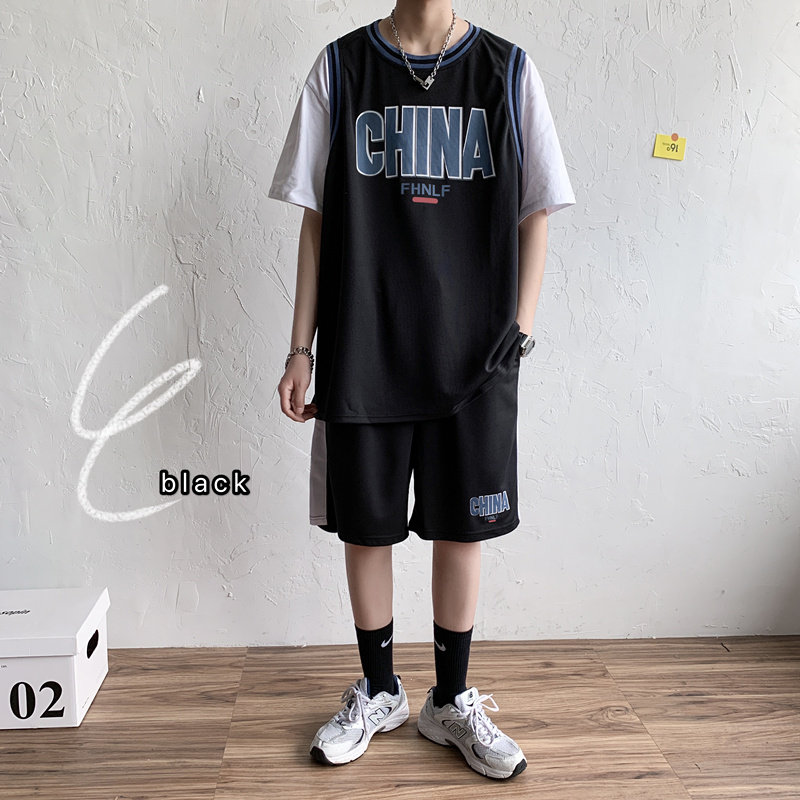 运动休闲套装男假两件短袖t恤短裤两件套嘻哈篮球服-TZ55-p45图片