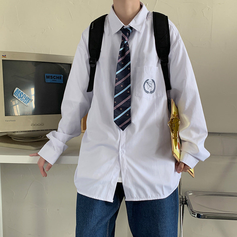 原创DK制服校供基础款刺绣白衬衫男长袖jk衬衣情侣学院风班服，男装衬衫，星座601-1