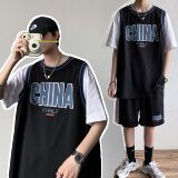 夏季篮球服运动套装男痞帅情侣假两件短袖短裤两件套-TZ33-p45，男装休闲套装，星座601-1