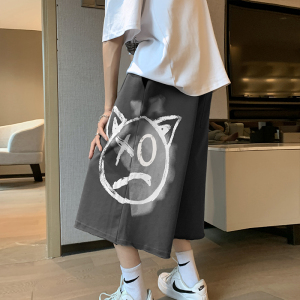港风鬼脸印花过膝休闲短裤男夏季外穿潮牌高街潮流嘻哈阔腿五分裤图片
