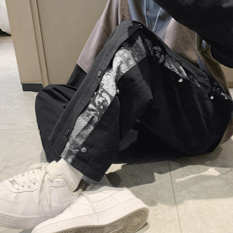 胖子腰果花排扣褲子男國潮直筒寬鬆大碼闊腿褲痞帥老爹褲