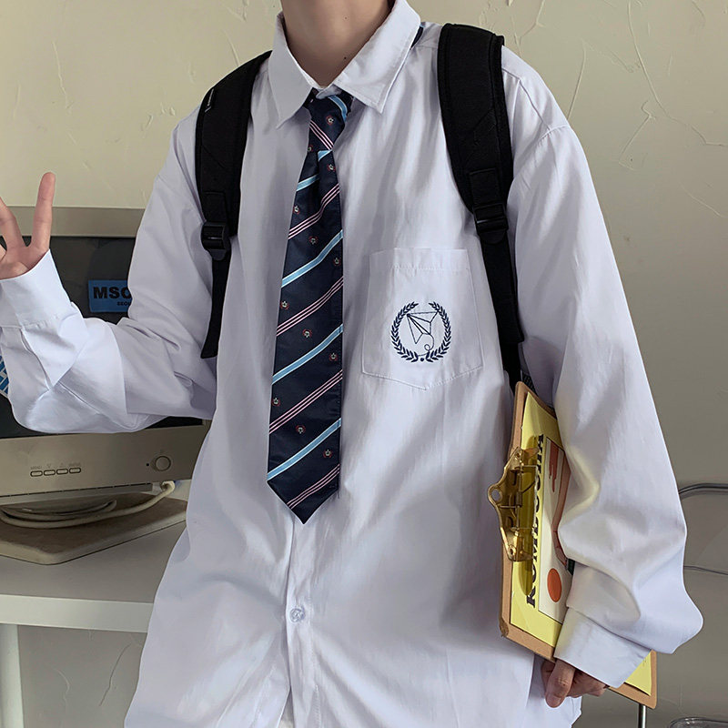送领带`原创刺绣长袖jk衬衫男dk制服情侣学院风白衬衣班服图片