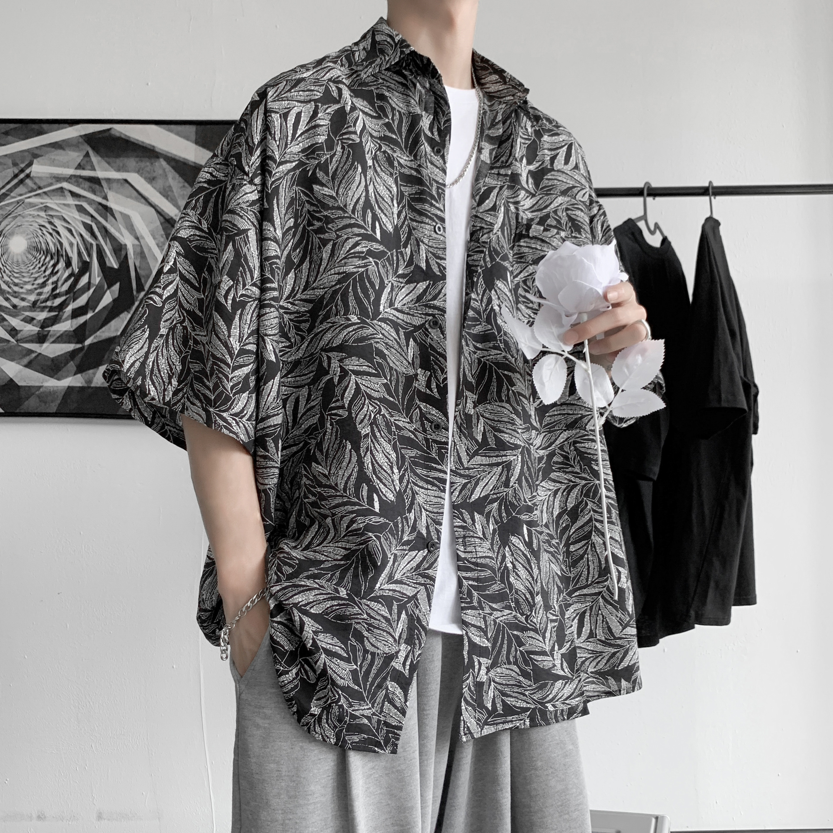 树枝印花衬衫男生短袖港风五分袖衬衣韩版上衣痞帅寸衫CS240-p28,男装衬衫,星座601-1