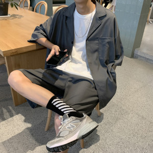 夏季套装男薄款运动休闲坠感潮牌短袖衬衫潮流韩版帅气宽松小西服图片