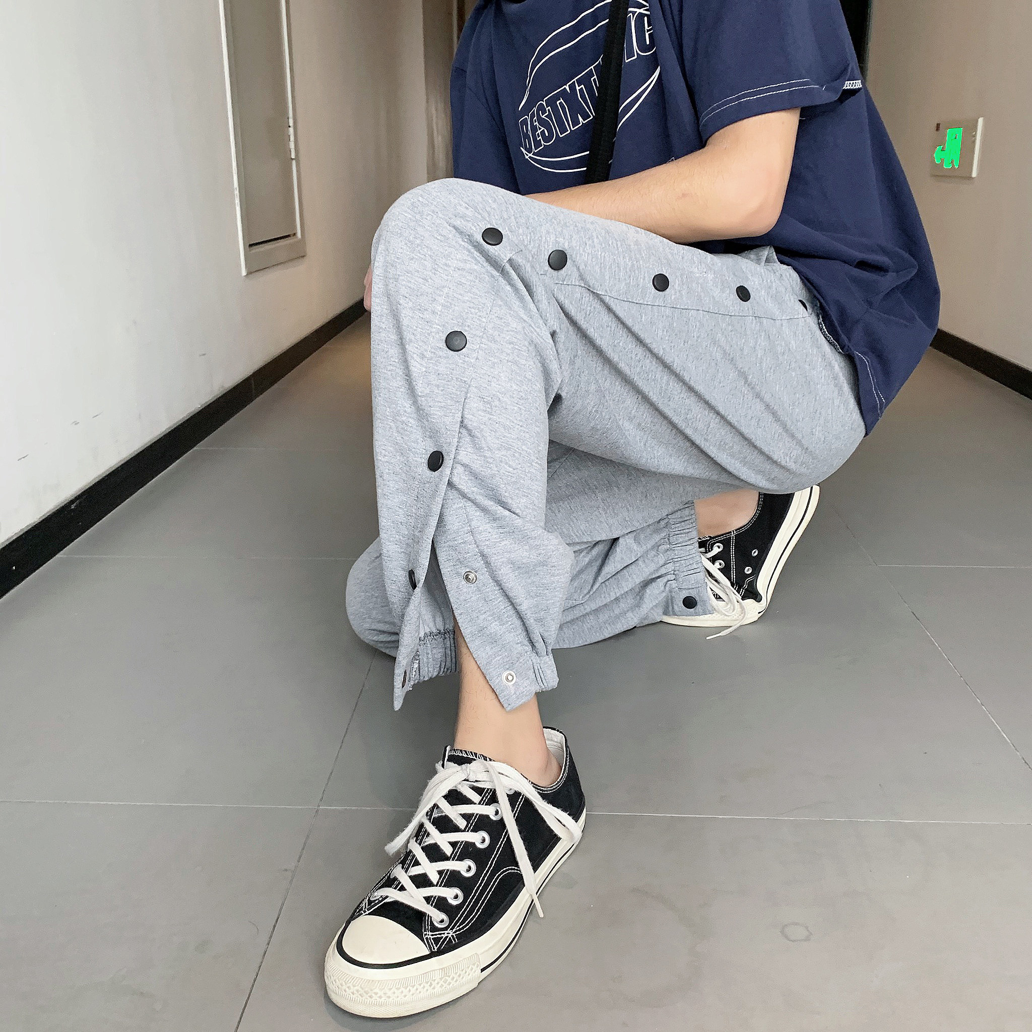 欧美高街休闲宽松直筒裤口开叉排扣裤纯棉运动长裤9分裤,男装休闲裤,星座601-1