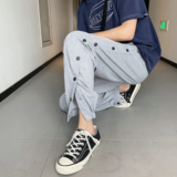 欧美高街休闲宽松直筒裤口开叉排扣裤纯棉运动长裤9分裤，男装休闲裤，星座601-1