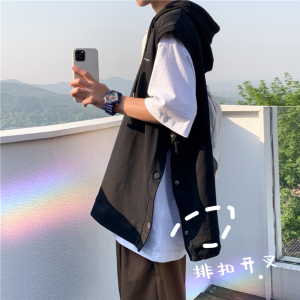 无袖扣子连帽衫背心男开叉运动薄款夏季纯色嘻哈篮球坎肩带帽t恤图片