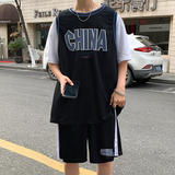运动套装男夏季篮球训练服短裤短袖宽松男装一套搭配帅气假两件套，男装休闲套装，星座601-1