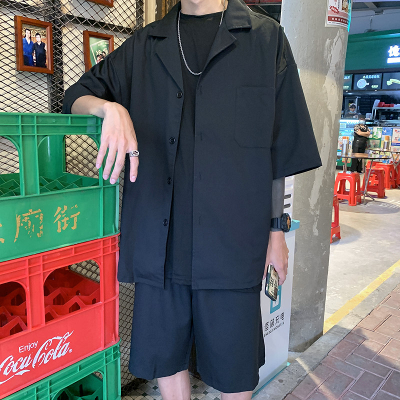 外套男小西装夏潮短袖衬衫五分短裤胖子痞帅搭配帅气男装一套图片