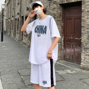 运动套装男夏季篮球训练服短裤短袖宽松男装一套搭配帅气假两件套图片