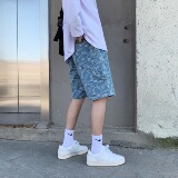 夏季腰果花淡色牛仔短裤男宽松韩版潮牌胖子提花五分牛仔裤子，男装休闲裤，星座601-1