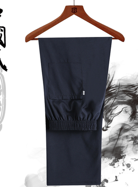 夏季唐装男裤子中式直筒中老年人松紧带宽松休闲长裤男士晨练裤薄