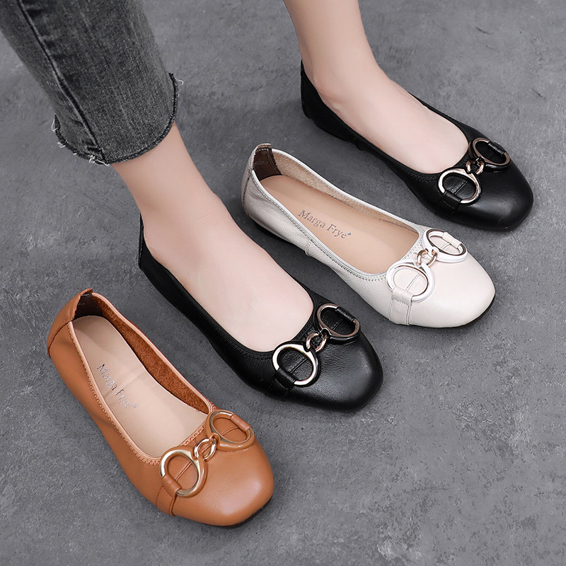韩版平底休闲豆豆单鞋女轻便牛筋软底女式皮鞋春秋中年妈妈鞋真皮