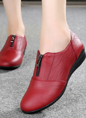 平底懒人鞋休闲舒适中老年单鞋女低跟红色皮鞋春秋妈妈鞋软底真皮