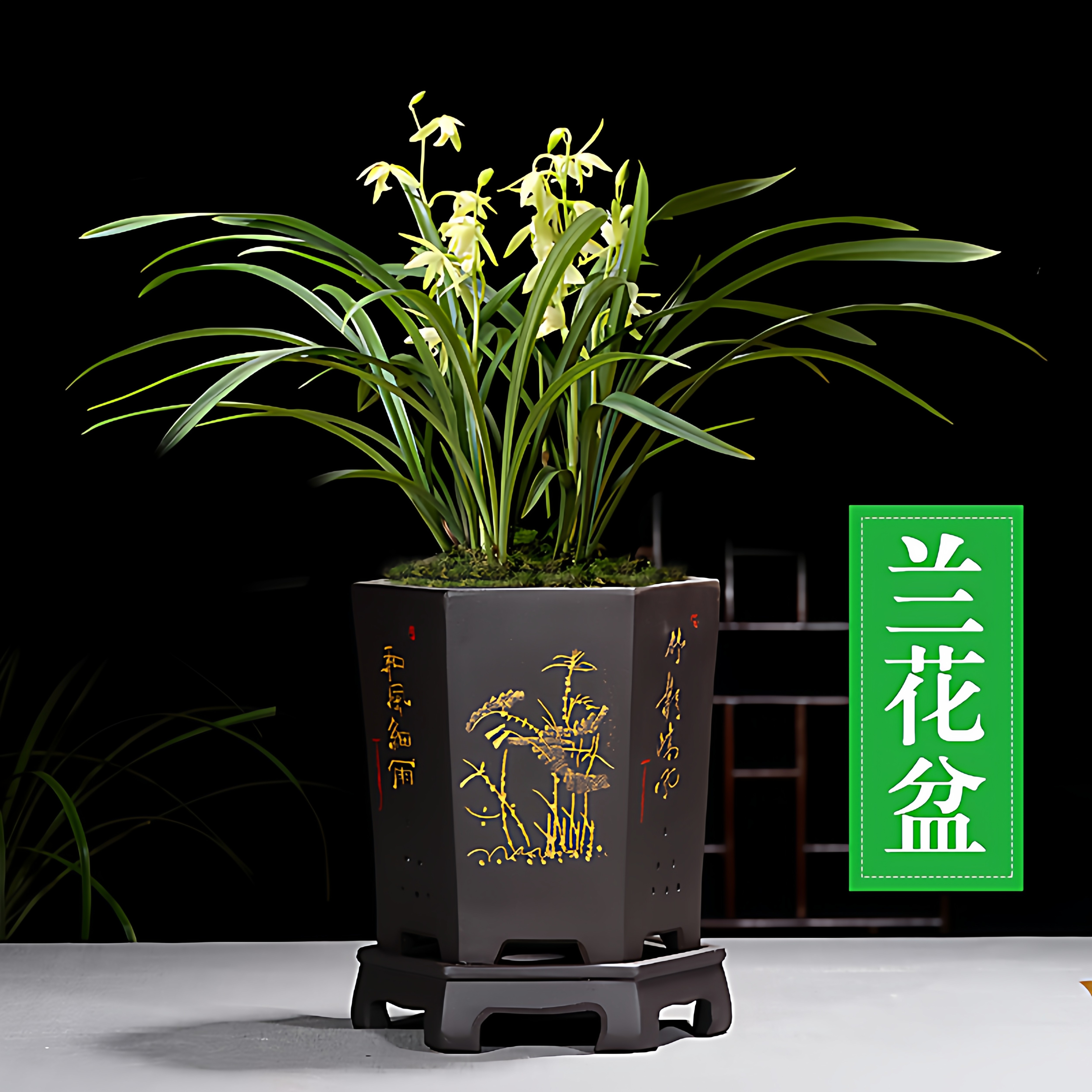 精品紫砂花盆中国风黑色六方兰花盆景盆室内桌面花卉盆栽盆陶瓷盆