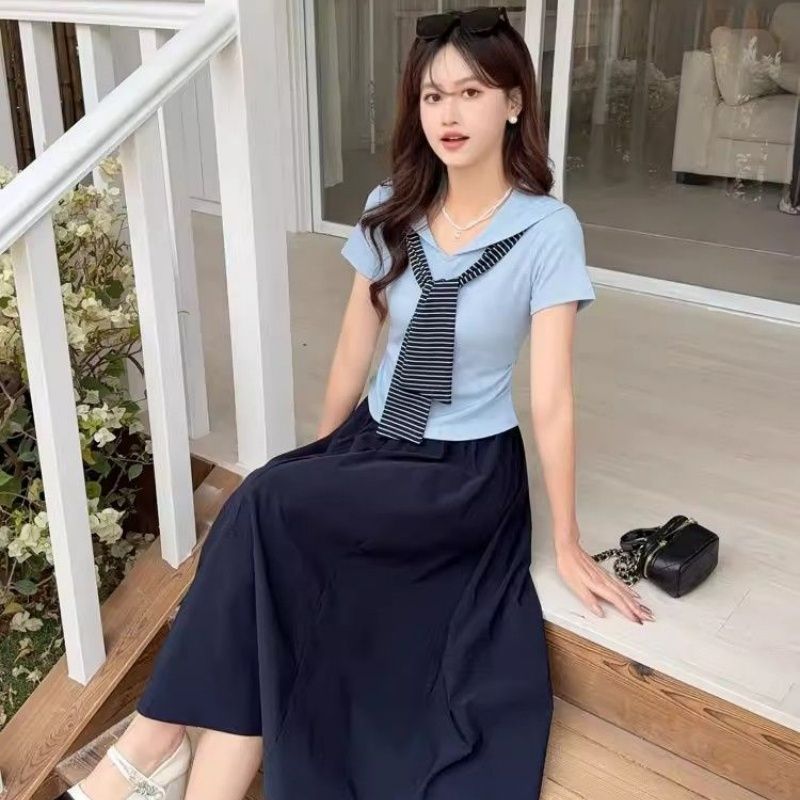 韩系夏季新款时尚巨好看学院风海军领短袖T恤高腰A字半身裙套装女