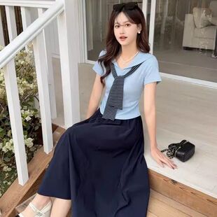 韩系夏季新款时尚巨好看学院风海军领短袖T恤高腰A字半身裙套装女