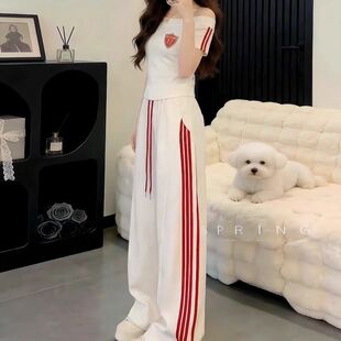 韩系减龄巨好看的休闲运动套装女夏季穿搭一字肩短袖阔腿裤两件套