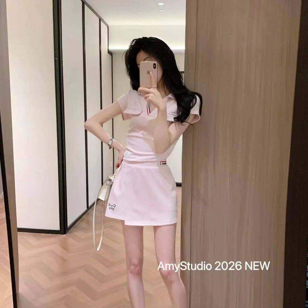 夏季新款V领短袖polo衫搭包臀短裙修身显瘦时尚潮流辣妹风套装女