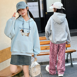 女童秋冬装卫衣初中学生大童加绒加大码宽松连帽卫衣加绒洋气上衣