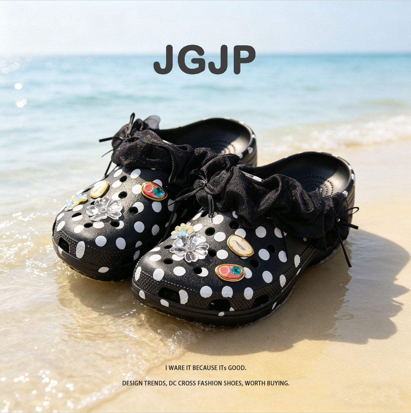 JGJP2026夏季黑色蕾丝波点洞洞鞋女款女生外穿拍照个性小花凉拖鞋