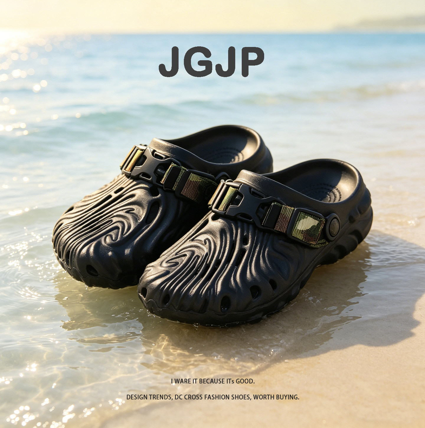 JGJP2026年夏季新款男女款迷彩扣带流动暗纹洞洞鞋黑色个性包头拖