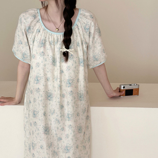 宝藏睡裙胸垫防凸点 连衣裙 碎花纯棉纱布睡裙睡衣家居服夏季 短袖