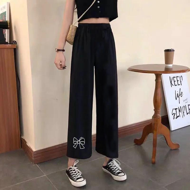 夏季新款简约印花阔腿裤女学生韩版宽松小个子高腰别致直筒九分裤