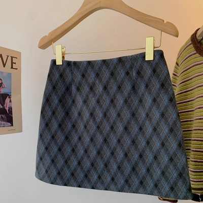 蓝灰色菱形格子短裙女秋冬