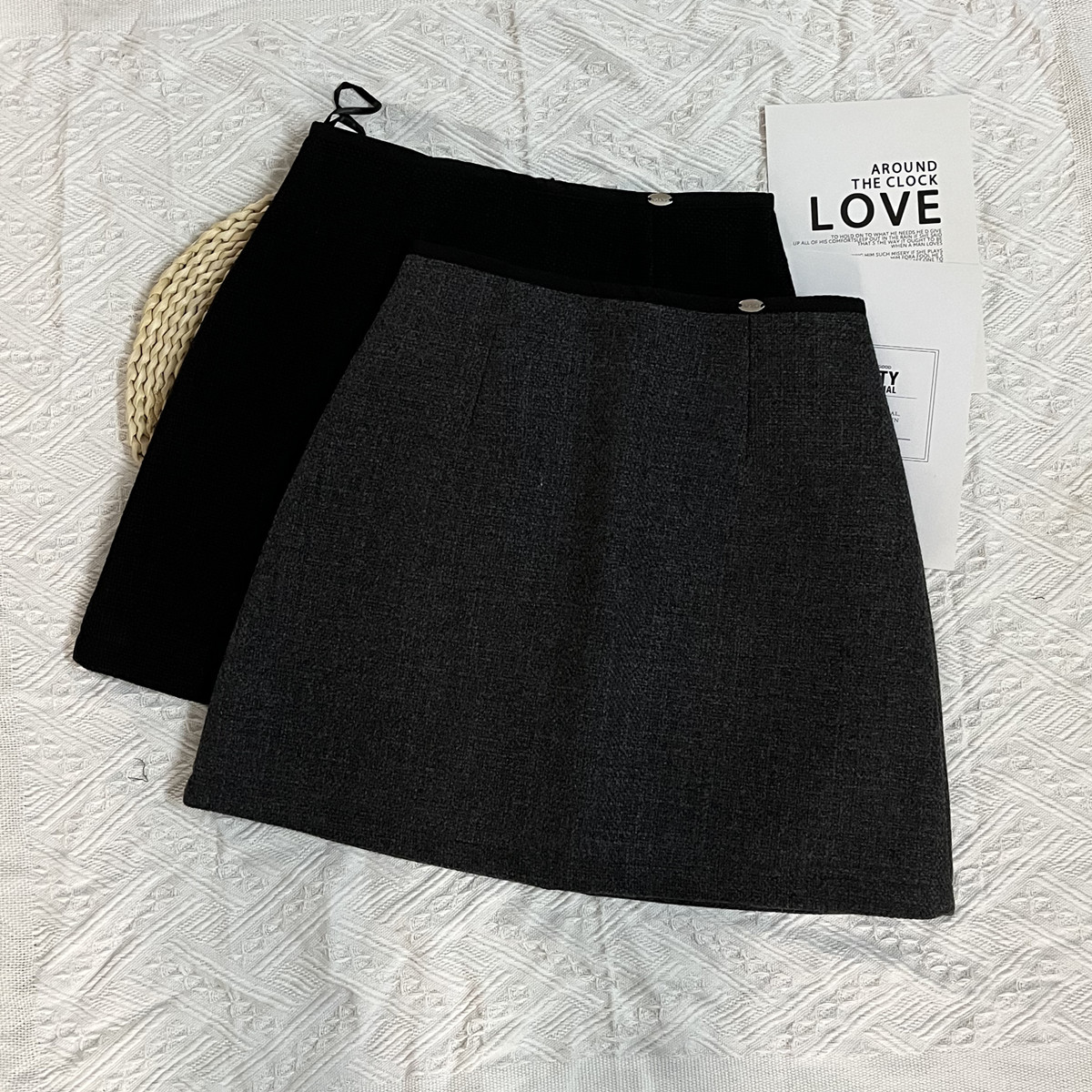 黑色小香风编织毛呢半身裙女秋冬新款加厚高级感深灰A字百搭短裙