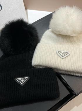 冰岛PARIS巴黎倒三角毛线帽狐狸毛球兔毛针织帽冬季寒冷保暖冷帽