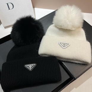 冰岛PARIS巴黎倒三角毛线帽狐狸毛球兔毛针织帽冬季 寒冷保暖冷帽